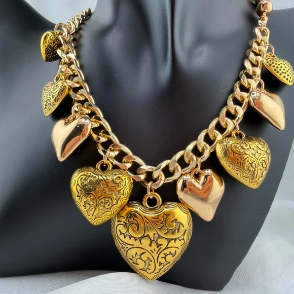 Gold Heart Charm Chain Necklace | Vintage Inspired Statement Jewelry - Picture 5 of 9